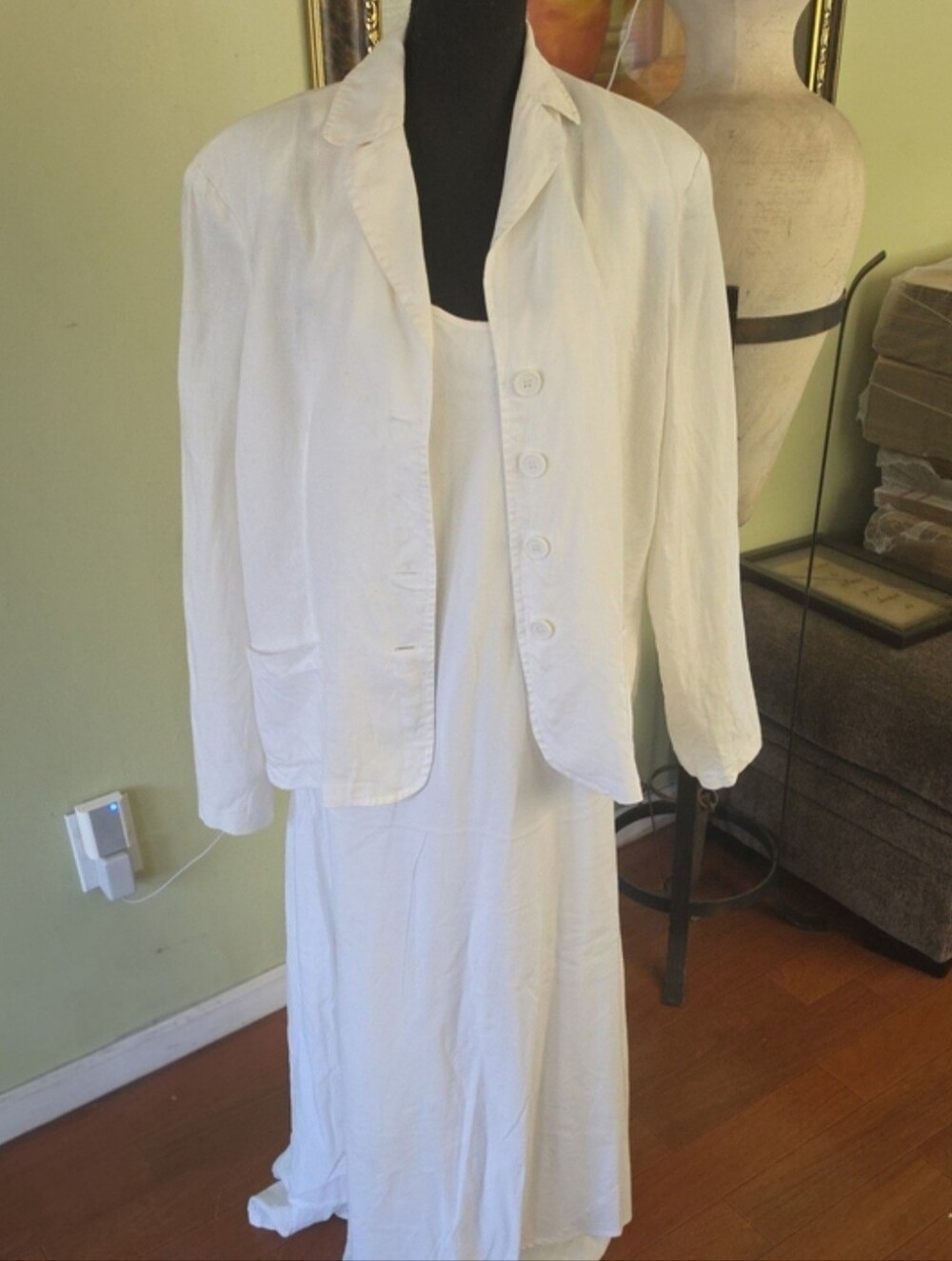 Vintage Spiegel White Linen Maxi Dress Jacket Set 16